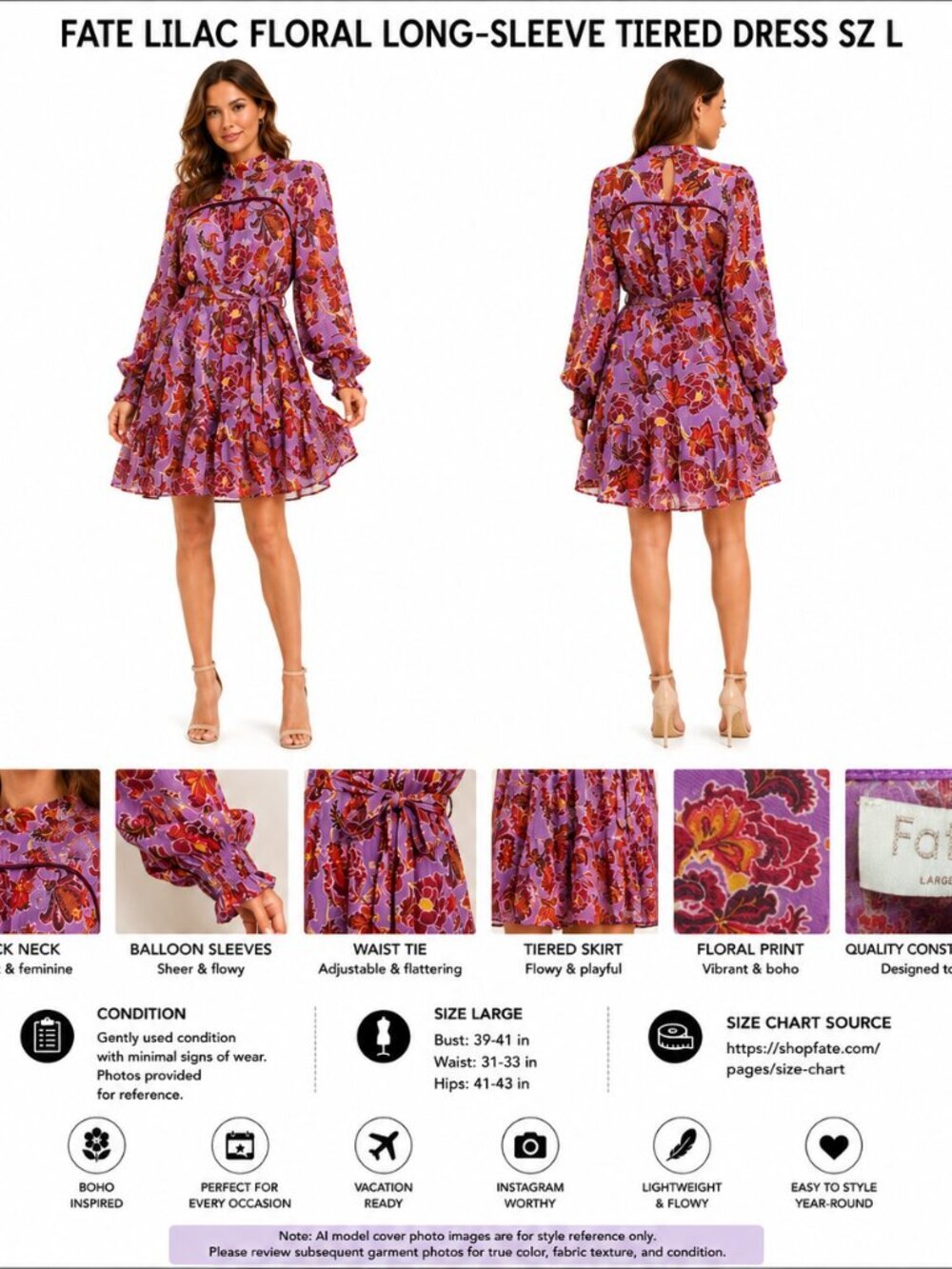 FATE LILAC FLORAL LONG-SLEEVE TIERED DRESS SZ L